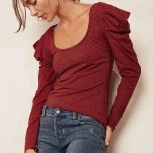 Free People OB678374 Penelope Puff Sleeve Red Black Stripe Long Sleeve Top Sz M